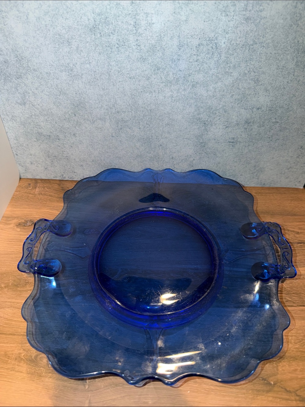 Cobalt Blue Glass Serving Platter with Decorative Handles